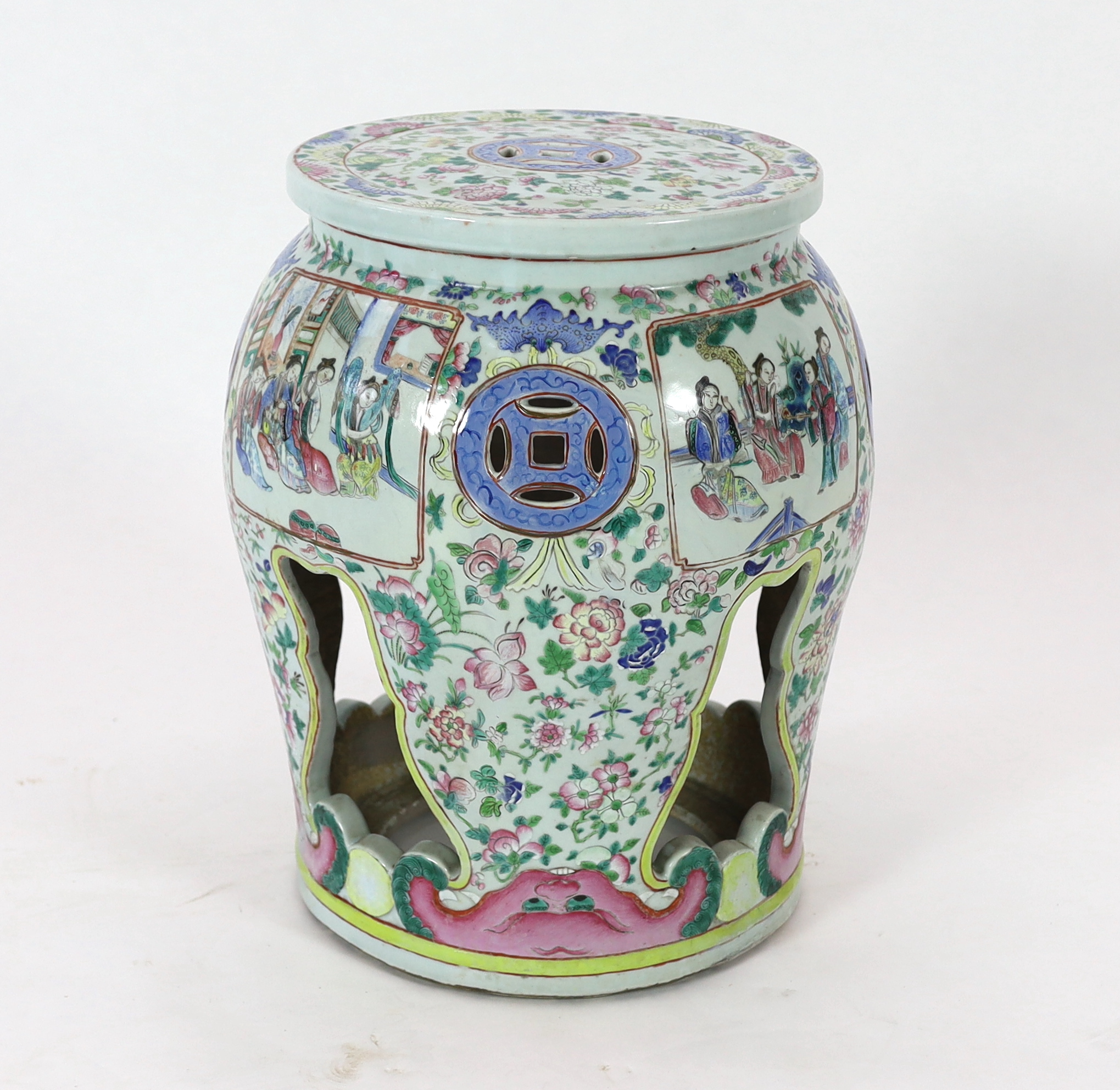 A Chinese Canton decorated famille rose garden seat, 19th century, broken and restored